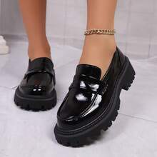 Mocassins Femininos De Sola Grossa, Novos, Moda Plus Size, Pretos, Simples, Primavera/Outono 2025 - Couro envernizado preto - Ver 11