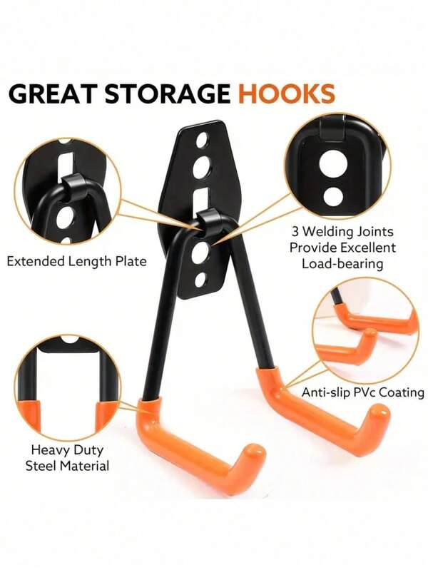 Bicycle Hook, Upgraded Heavy-Duty Garage Hook With Mop Rack - Wall Mounted Dual Practical Hook - Durable Steel Structure - Suitable For Garage Organization, Garden Tools, Ladders, Bicycles - Suitable For Families And Garages - Excellent Gift For DIY Enthusiasts And Homeowners - Black/Orange
