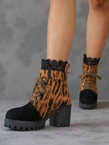 New Women's Rhinestone Embellished Versatile High Heel Ankle Boots, Black; Lace-Up Boots, Wine Red, Leopard Print, Thick Sole, Brown