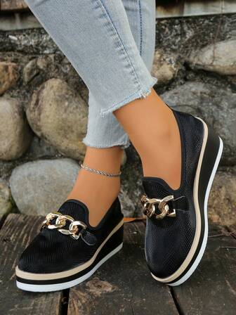 Mocasines con plataforma para mujer con decoración de cadena, cómodos y de fácil puesta