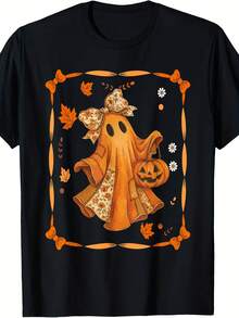 Retro Halloween Denim Ghost Patchwork Spooky Ghost Bow T-Shirt - 款式6 - 查看 1
