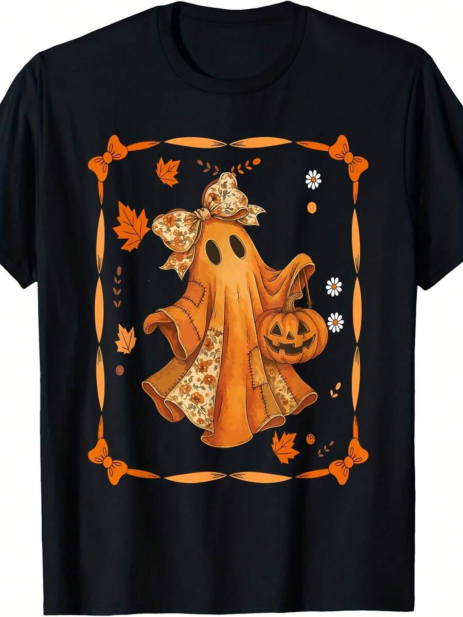 Retro Halloween Denim Ghost Patchwork Spooky Ghost Bow T-Shirt - 款式6 - 查看 1