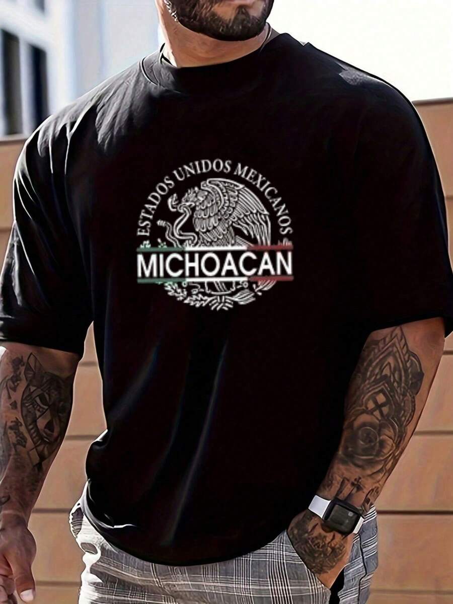 Camiseta con estampa de Michoacan y escudo,Camiseta informal playeras casuales de hombre,Impresión gráfica,100 % algodón,envio nacional,disfraz halloween hombre - Negro - Ver 1