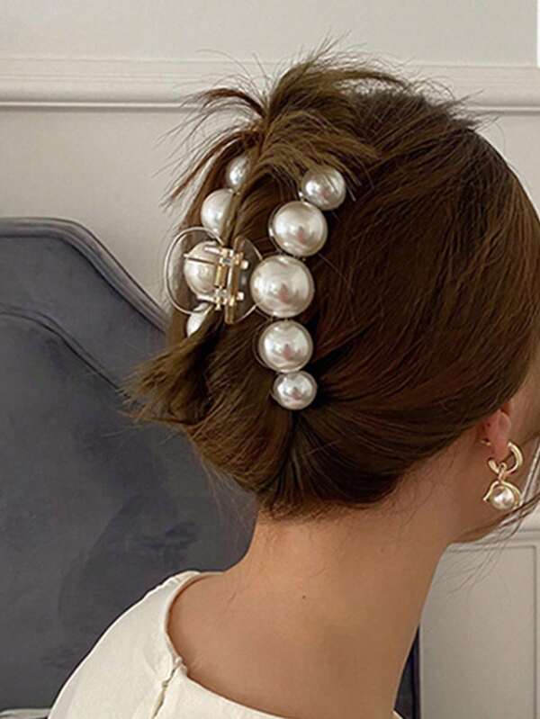 1pc Children Pearl Decor Fashion Hair Claw Clip, Casual Versatile White Pearl Style Hair Accessory For Girls, Suitable For Daily Outings And Holiday Parties