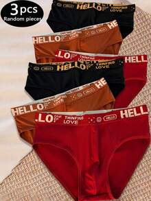 3pcs/Set Random Color Men's Solid Color Briefs With HELLO Waistband, Suitable For Home, Daily, Sports, Casual Wear - Multicolor - View 2