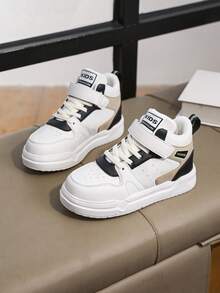 Kids' Fashionable Color Block High-Top Sneakers, Letter Patch Design For Stylish Look, Soft Sole With Shock Absorption, Suitable For School And Casual Wear