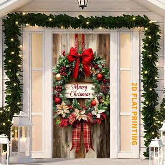 2D Door Banner, Merry Christmas Wreath Door Cover Polyester With Red Bow, Versatile Indoor/Outdoor Holiday Decor, No Power Needed, Christmas Wreaths For Front Door, Decoration, Banner, Home Decor