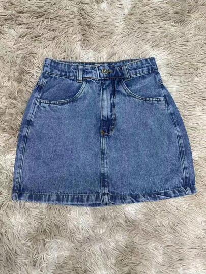 Saia jeans curta cintura alta sem lycra