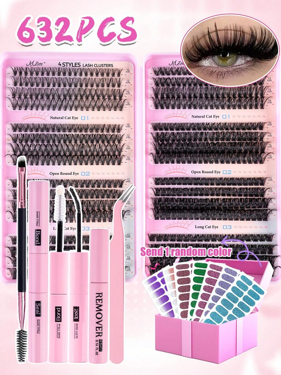 MEM 632/1240/120pcs Eyelash Clusters, High Volume, Curl Length 8-16mm, DIY Eyelash Clusters, Natural Look, Thick & Long, Super Soft & Lightweight, Reusable, Individual Segment Lashes, Eyelash Extension Kit, Suitable For Travel, Daily Wear (Beginner Friendly), Weddings, Dates, Parties, Holidays, Great For Christmas/Halloween/Gifts - 黑色 - 查看 1