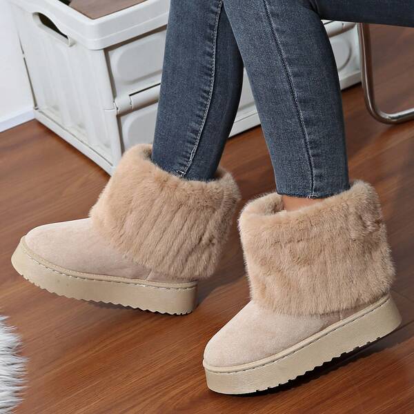 1 Pair Solid Color Fashionable Foldover Thermal Lined Slip-On Warm Ankle Boots, Winter