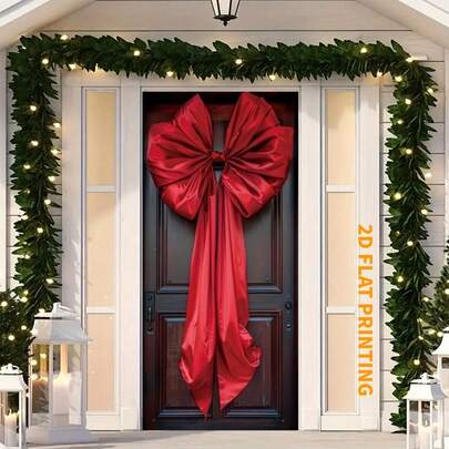 2D 1 件，聚酯纤维圣诞大蝴蝶结圣诞快乐门廊横幅，节日前门背景，季节性图形悬挂门横幅，家庭和厨房派对装饰品，无需电源