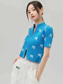 Áo croptop dệt kim in hoa Jacquard gợi cảm toàn thân mới dành cho nữ - Màu xanh lam - Xem 4