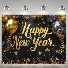قطعة واحدة من خلفية احتفال رأس السنة الجديدة اللامعة بالأسود والذهبي - لافتة عيد رأس السنة السعيد الملونة مع النجوم، طباعة أحادية الجانب، مناسبة لأكشاك التصوير والغرف المعيشية والديكورات الخارجية واحتفالات المهرجانات وحفلات ليلة رأس السنة الجديدة، متوفرة بأحجام متعددة - متعدد الألوان - مشاهدة 3