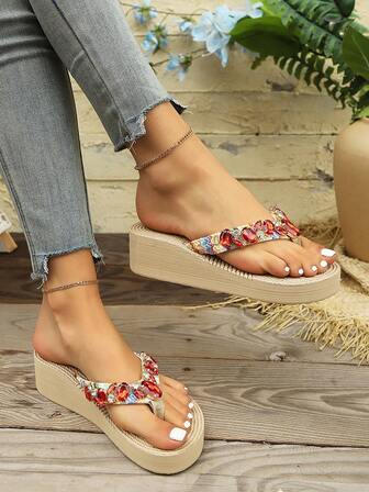 Women's Outdoor Beach Rhinestone Wedge Thick Bottom EVA Flip Flops