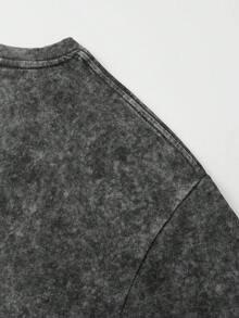 Shwiy 男士复古水洗拉面印花卡通字母图案短袖T恤，休闲街头风 - 黑色 - 查看 6