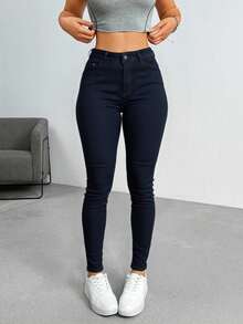 Pantalones vaqueros ajustados de tiro alto color negro, tejido suave y elástico, estilo casual y versátil - Negro - Ver 2