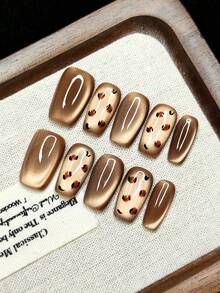 10片手工可佩戴美甲贴纸，按压式假指甲，圣诞节和万圣节礼物，猫眼渐变色，手绘豹纹，时尚高端，可重复使用，女孩必备礼物 - 棕色 - 查看 3