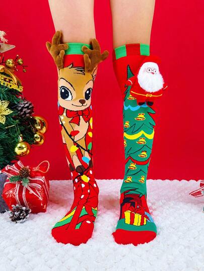 Um par de meias até o joelho, meias engraçadas, meias infantis fofas. Meias infantis. Meias infantis de Natal com um design único e divertido, com orelhas de rena 3D e lindos enfeites de laço. São perfeitas para as crianças usarem no outono e inverno, perfeitas para o Natal, Ano Novo, passeios ao ar livre, cosplay, uso diário, festas e a melhor escolha para presente de Natal.