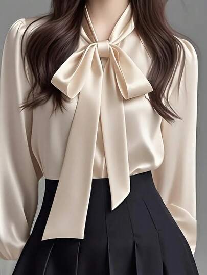 Women's Elegant Satin White Long Sleeve Casual Shirt, Versatile Commuter Blouse With Bow Collar Detail - Solid Color Top Suitable For All Seasons, Machine Washable Non-Sheer, Soft & Breathable Fabric, Refined Satin Texture, Solid Color Tie For Office & Daily Wear