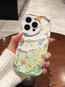 Cream Wavy Edge Glossy Cream Star Painted Anti-Drop Phone Case Compatible With IPhone, Galaxy, Redmi