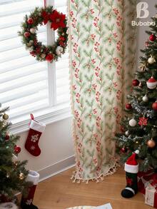 Bubaba 1 pieza Cortina con borlas estilo bohemio en beige, con estampado de hojas verdes y bayas rojas, simple y natural para dormitorio, sala de estar, cocina, hotel, restaurante, adecuada para decoración navideña y de vacaciones