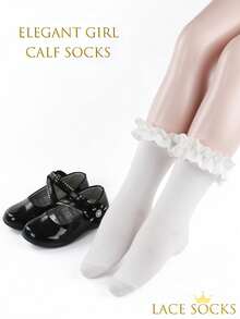 2 pares de calcetines de pantorrilla con ribete de encaje; calcetines de media pantorrilla simples y cómodos para niñas con estilo de princesa elegante; adecuados para combinar con zapatos tipo Mary Janes. Talla para edades de 3 a 12 años.
