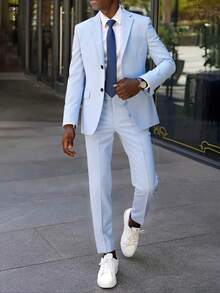 Men's White Premium Suit Set - Casual Suit, Wrinkle-Resistant, Anti-Pilling, Business Formal, Wedding Banquet, Seasonal Commute, Office Party Dress, Two-Piece Set - 淺藍色 - 查看 1