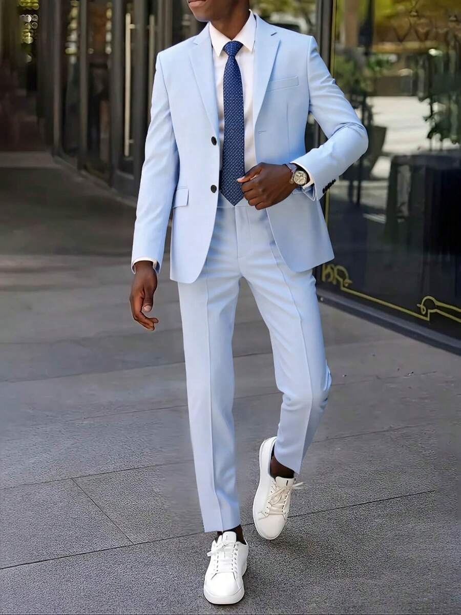 Men's White Premium Suit Set - Casual Suit, Wrinkle-Resistant, Anti-Pilling, Business Formal, Wedding Banquet, Seasonal Commute, Office Party Dress, Two-Piece Set - 淺藍色 - 查看 1