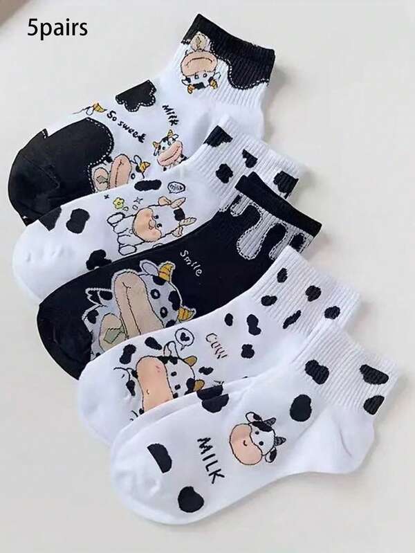 5 pares de calcetines para mujer, con estampado de vaca de dibujos animados, estilo Ins, adorables y dulces, adecuados para el hogar, uso casual y reuniones