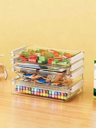 1个拼图收纳盒，儿童玩具小颗粒积木分类盒，大容量透明拼图图片整理盒，搭扣密封玩具盒，桌面卡通书法笔收纳盒，适用于儿童玩具、卡通学习、手机收纳整理