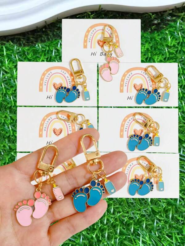 6 Stücke Cartoon süße Fuß- & Babyflasche-förmige Schlüsselanhänger - Legierung Schlüsselring Deko - inklusive Grußkarte "Willkommen auf der Welt, Baby" - geeignet für Baby-Shower-Party Gastgeschenke, Feier für neue Eltern, Taufe und Geschenke zur Geburt | Ideale Wahl für werdende Mütter