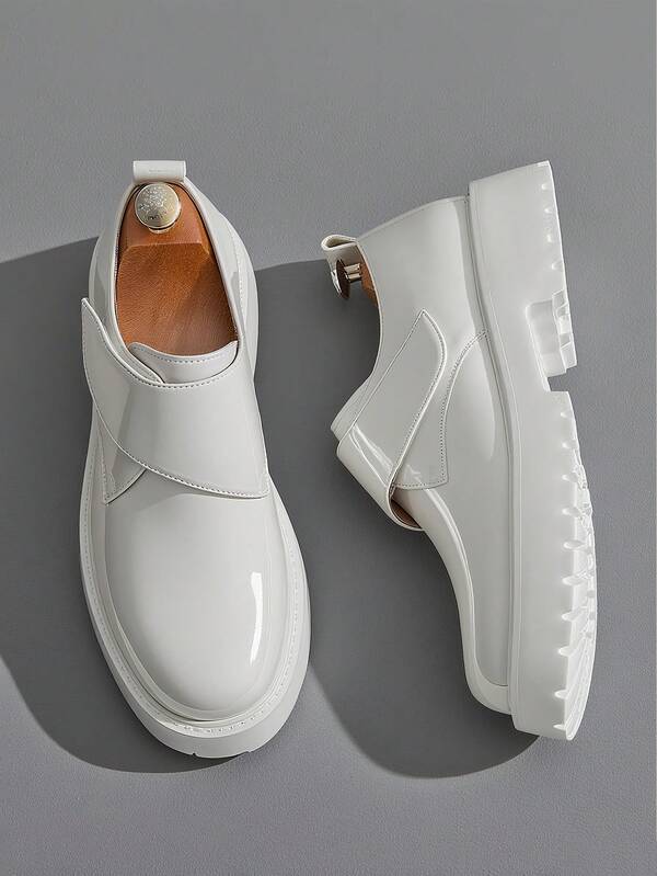 New Designer Men's Convenient Slip-On Loafers, Hook-And-Loop Glossy Patent Leather Thick Sole Elevator Shoes, Retro British Style, Affordable High-End Feel, Suitable For Back To School, College, Graduation, Soft & Comfortable Round Toe Formal Dress Shoes, Gentlemen Business Office Commute, Solid Color Casual Daily Wear, Couple Dating Outings, Party, Wedding, Groom Shoes, Social Occasions, Seasonal Gift, Spring/Summer/Autumn. Size Runs Small, Please Order One Size Up.