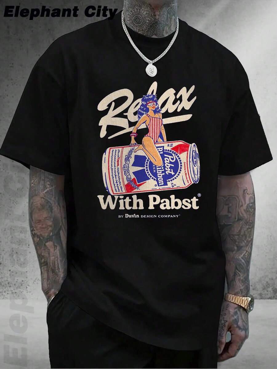 Men'S Graphic Tee - 1950s Pop Art Beer T-Shirt 2025 - Unisex 100% Cotton Relax With Pabst Graphic Top, Spring New Retro Streetwear For Casual Outfits & Everyday Gifting - 黑色 - 查看 1