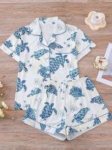 2-Piece Set - Women's Blue Sea Turtle Starfish Printed Short Sleeved Shorts Sleepwear Set, Knitted Fabric Soft And Skin Friendly, Suitable For Casual And Fashionable Home Wear In All Seasons, Loose And Comfortable Casual Wear, Suitable For Sleepwear Parties, Daily Home, Family - 白色 - 查看 1