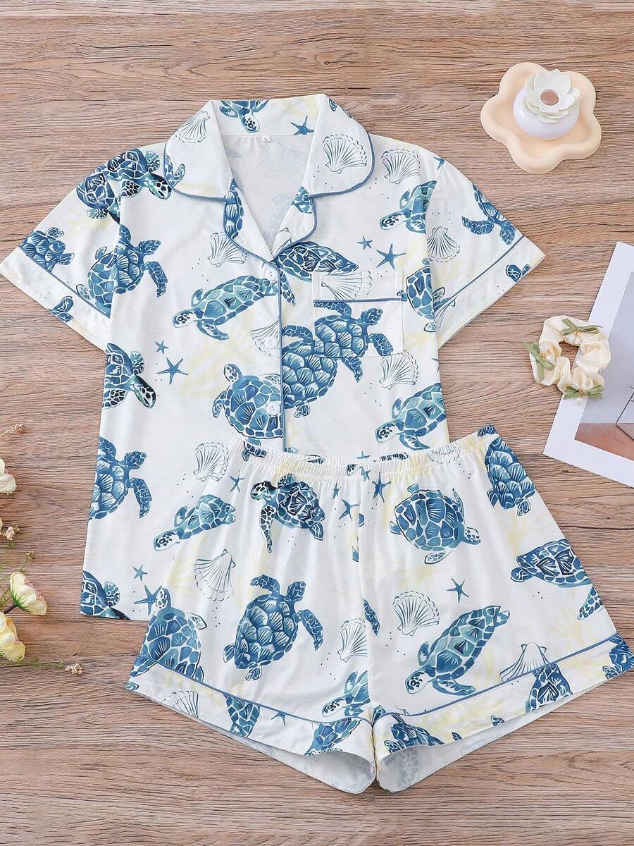 2-Piece Set - Women's Blue Sea Turtle Starfish Printed Short Sleeved Shorts Sleepwear Set, Knitted Fabric Soft And Skin Friendly, Suitable For Casual And Fashionable Home Wear In All Seasons, Loose And Comfortable Casual Wear, Suitable For Sleepwear Parties, Daily Home, Family - 白色 - 查看 1