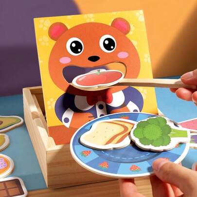 Wooden Bear Feeding Game Toy, Suitable For Toddlers, Cognitive Development And Fine Motor Skills Toy, Includes Food Cards And Wooden Pieces, Made Of Mixed Color Wooden Materials