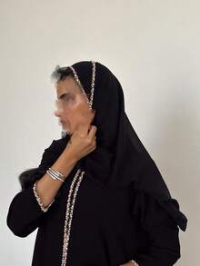 黑色长袖宽松刺绣优雅阿巴雅开衫长袍，配头巾 - 黑色 - 查看 2