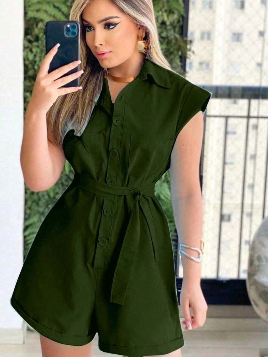 Women's Clothing/Jumpsuit/Sash/Linen - Army Green - View 1