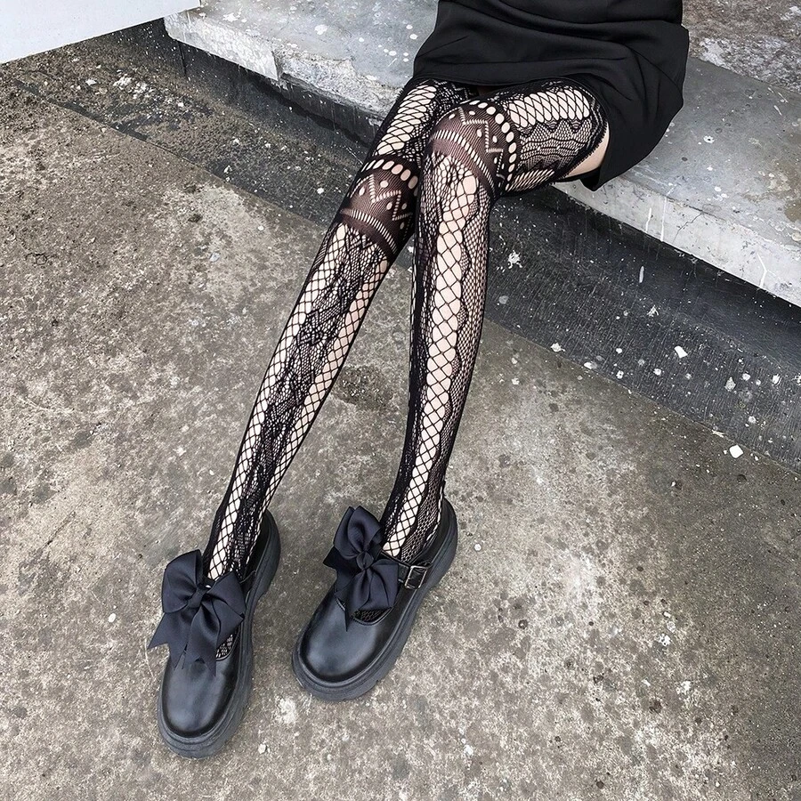 Sexy Lingerie A Hollow Ultra-Thin Mesh Over-The-Knee Socks, Hot Nightclub Royal Sisters, Black Silk Fishnets, Suspender Socks, Erotic Stockings - Black - View 1