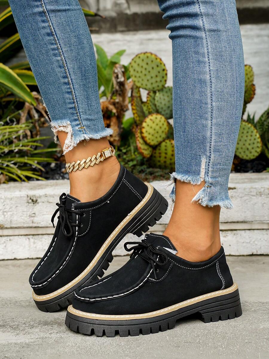 New Women Thick Sole Casual Sneakers, Fashion Simple Lace-Up Thick Bottom Flats, Suitable For Everyday Casual Wear In All Seasons - Black - View 1