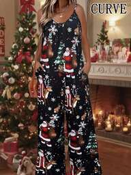 Plus Size Women's Christmas Print Jumpsuit Wide Leg Pants With Pockets