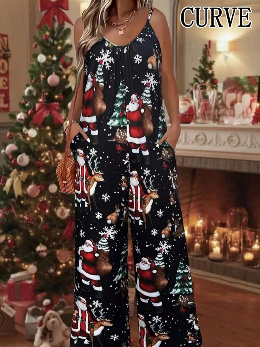 大码女式圣诞印花连体裤阔腿裤带口袋 - 黑色 - 查看 1