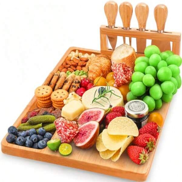 Cheese Board And Knife Set Bamboo Charcuterie Boards With Knife Holder Cheese Platter For Christmas Family Party Wedding Anniversary Thanksgiving Gift Cheese Board Set 14 X 11