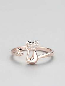 1pc Cute Cat Kitten Open Ring Plated Jewelry For Women Girls Teen