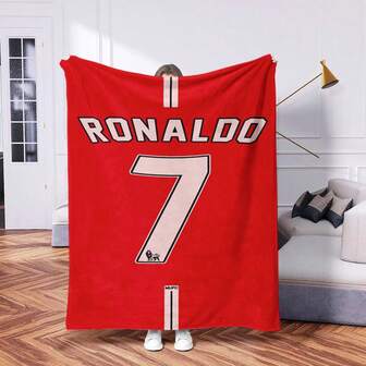1pc Ronaldo Football Themed Jacquard Throw Blanket, Soft & Warm Polyester Herringbone Pattern Design, Ideal For Sofa, Bed Or Office - Perfect Gift For Valentine's Day Or Mother's Day