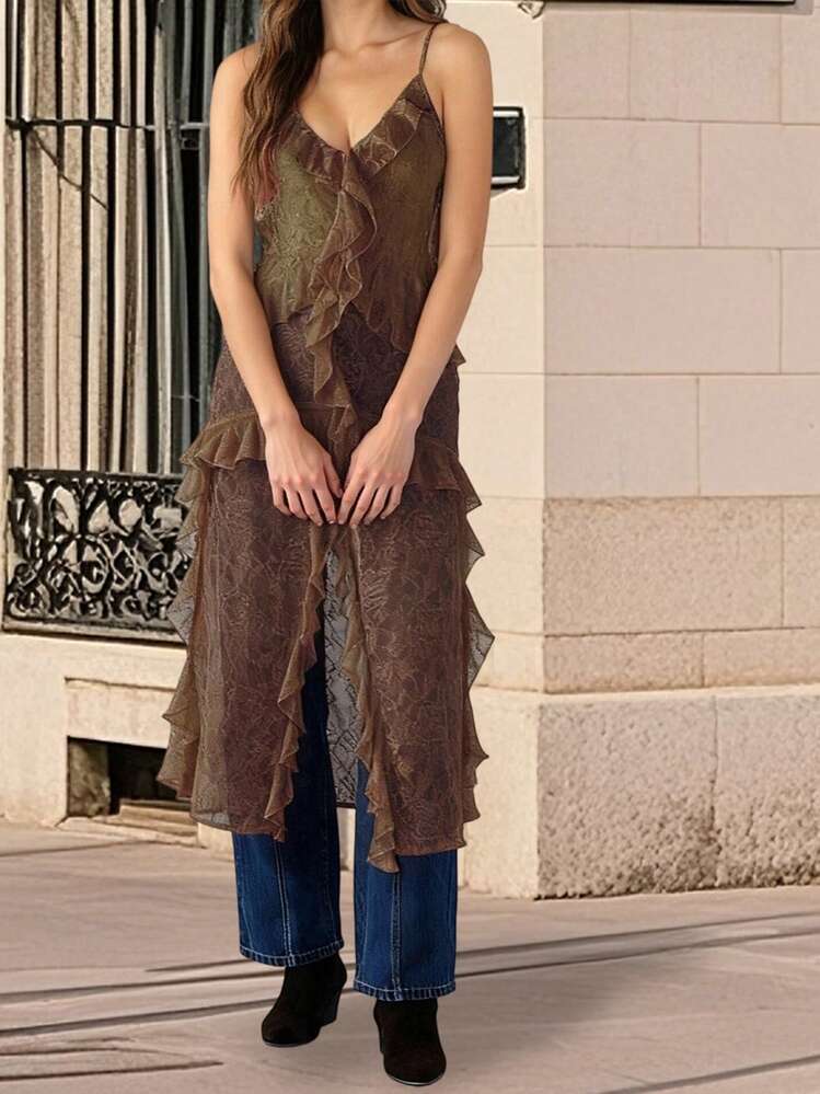Women Lace Camisole, Sleeveless Tops V-Neck Slit Ruffled Summer Long Sheer Tops Clubwear - Chocolate Color - View 1