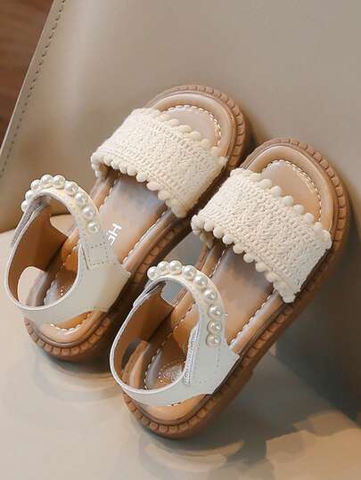 Girls' Vintage Woven Pearl Flat Sandals, Niche Exquisite Versatile Shoes For Summer Outings
