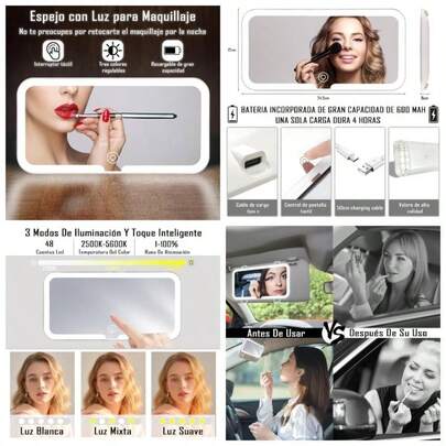 Espejo de Vanidad para Auto, Espejo para Carro con de brillo ajustable, Espejo De Visera Recargable por, 48 Lmpara y 3 Modos de Luz, Regalo para Damas, Para Auto, Camiones