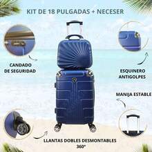 Juego 18 Pulgadas + Neceser Ligera Doble Llanta Candado Fijo Sin Documentar Resistente - Azul - Ver 2