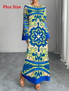 女士加大码印花喇叭袖长款连衣裙，优雅阿拉伯风格长裙，适合度假春季穿着 - 藍色 - 查看 10